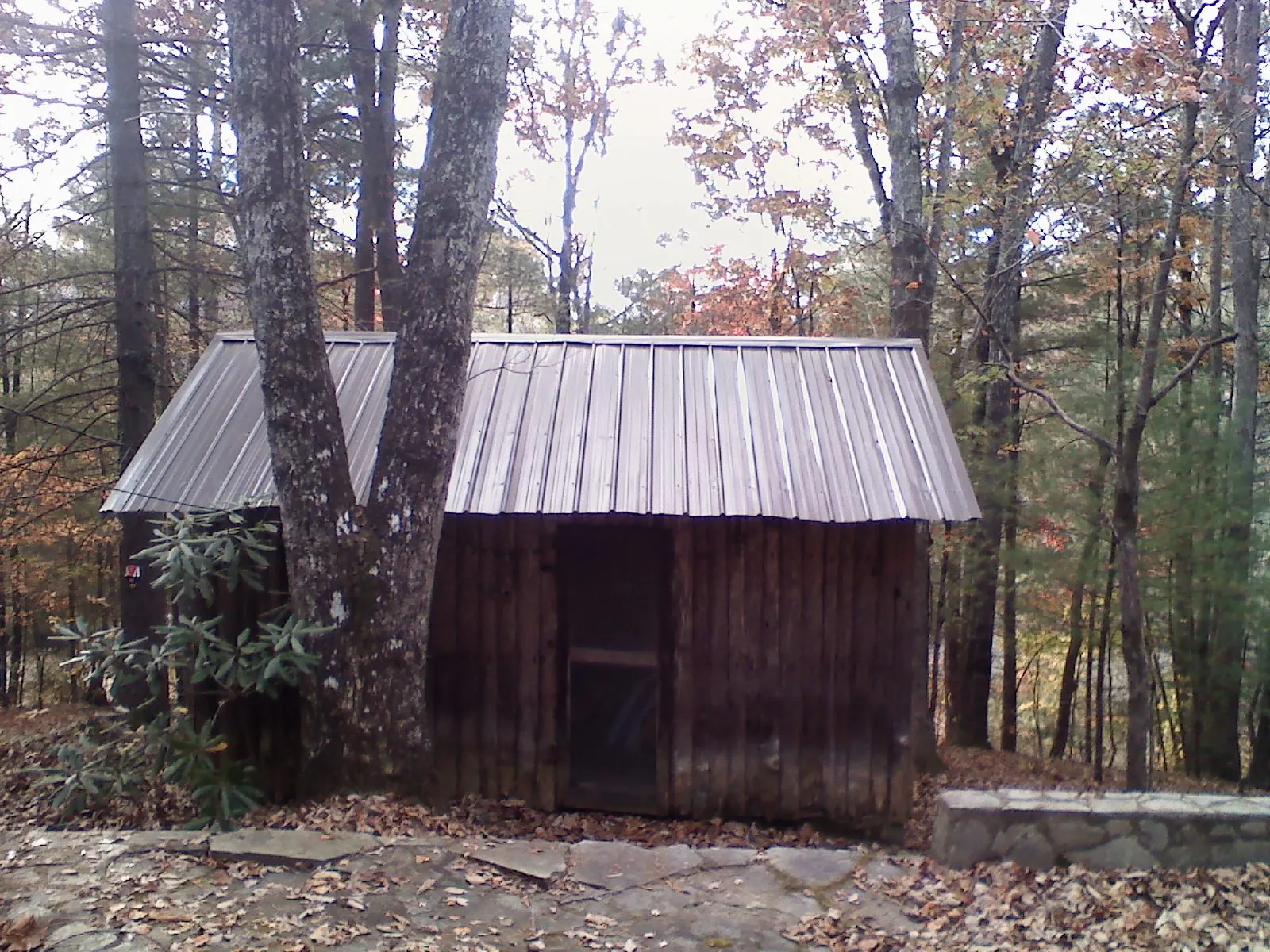 New metal gable roof on a small log shed among the trees in Cumberland